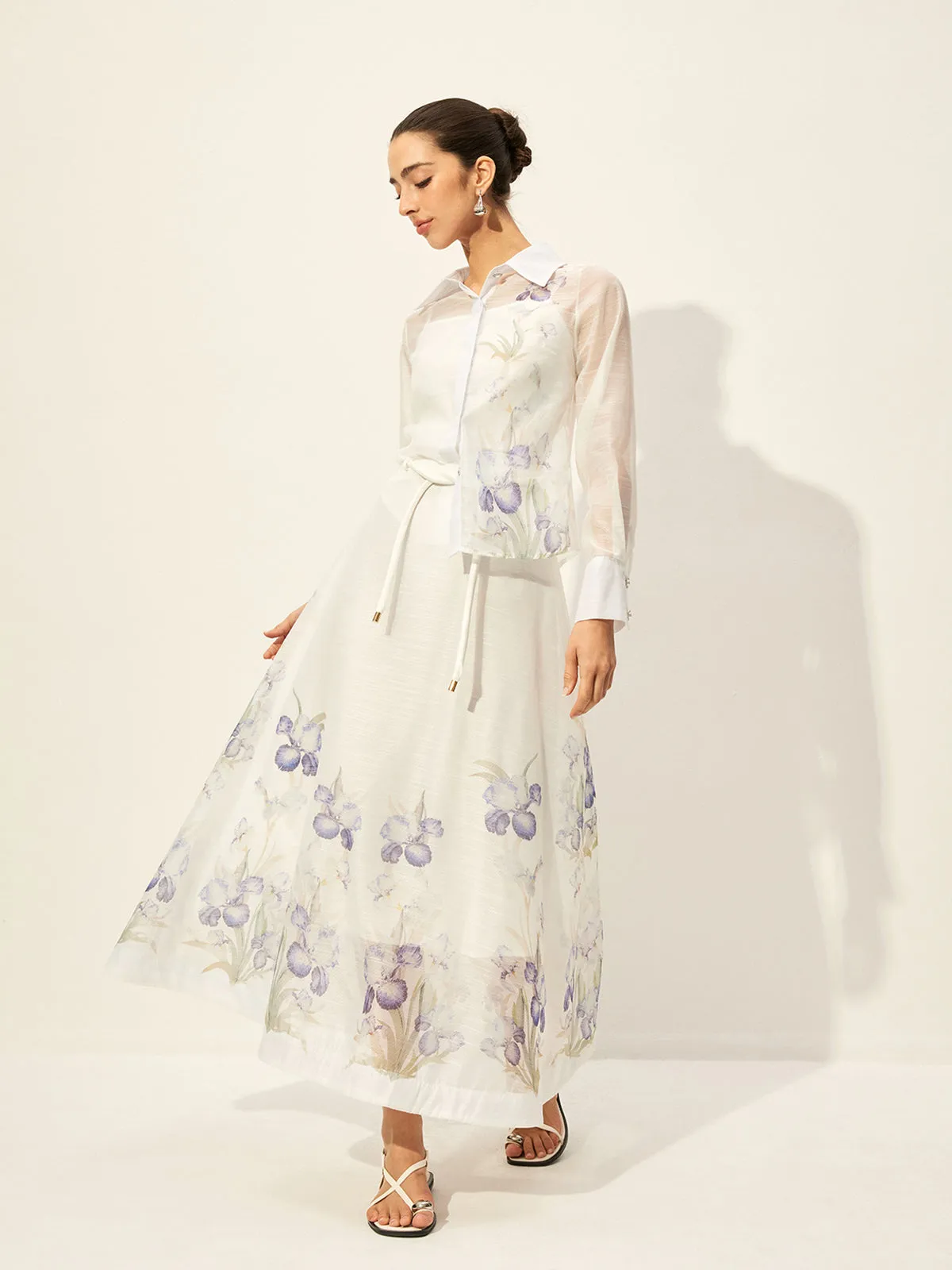 Floral Semi-Sheer Skirt Set With Waist Tie sold by COMMENSE