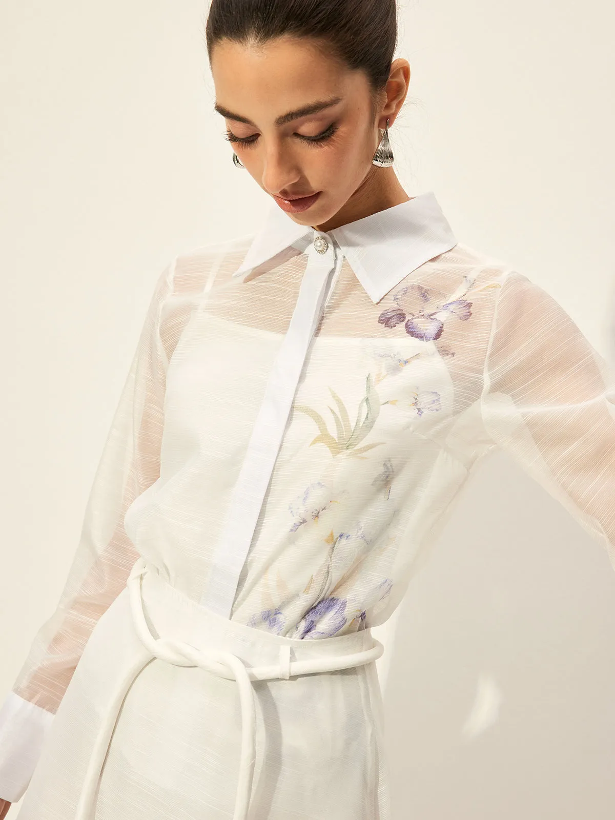 Floral Semi-Sheer Skirt Set With Waist Tie sold by COMMENSE product image thumbnail 4