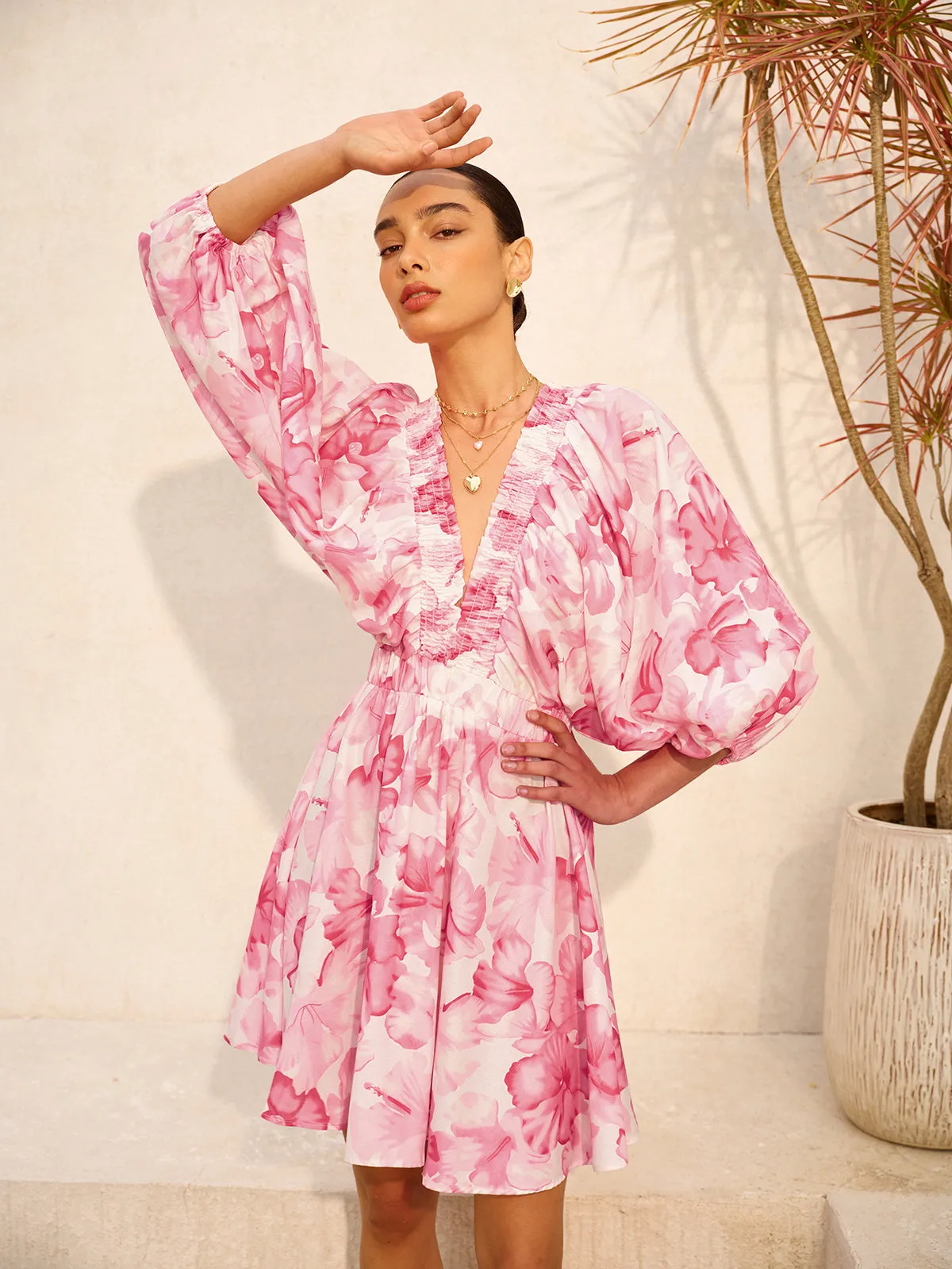 Floral Puff Sleeve Ruched V-Neck Dress sold by COMMENSE product image thumbnail 5