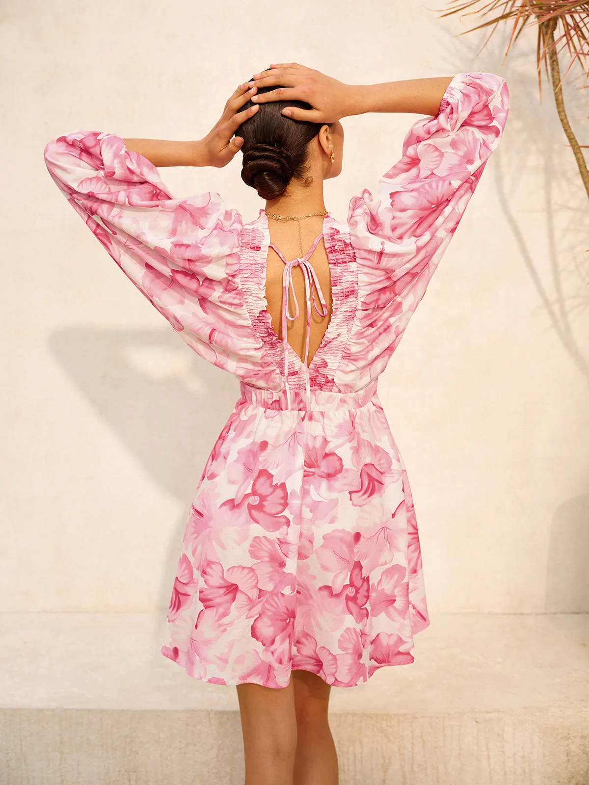 Floral Puff Sleeve Ruched V-Neck Dress sold by COMMENSE product image thumbnail 3