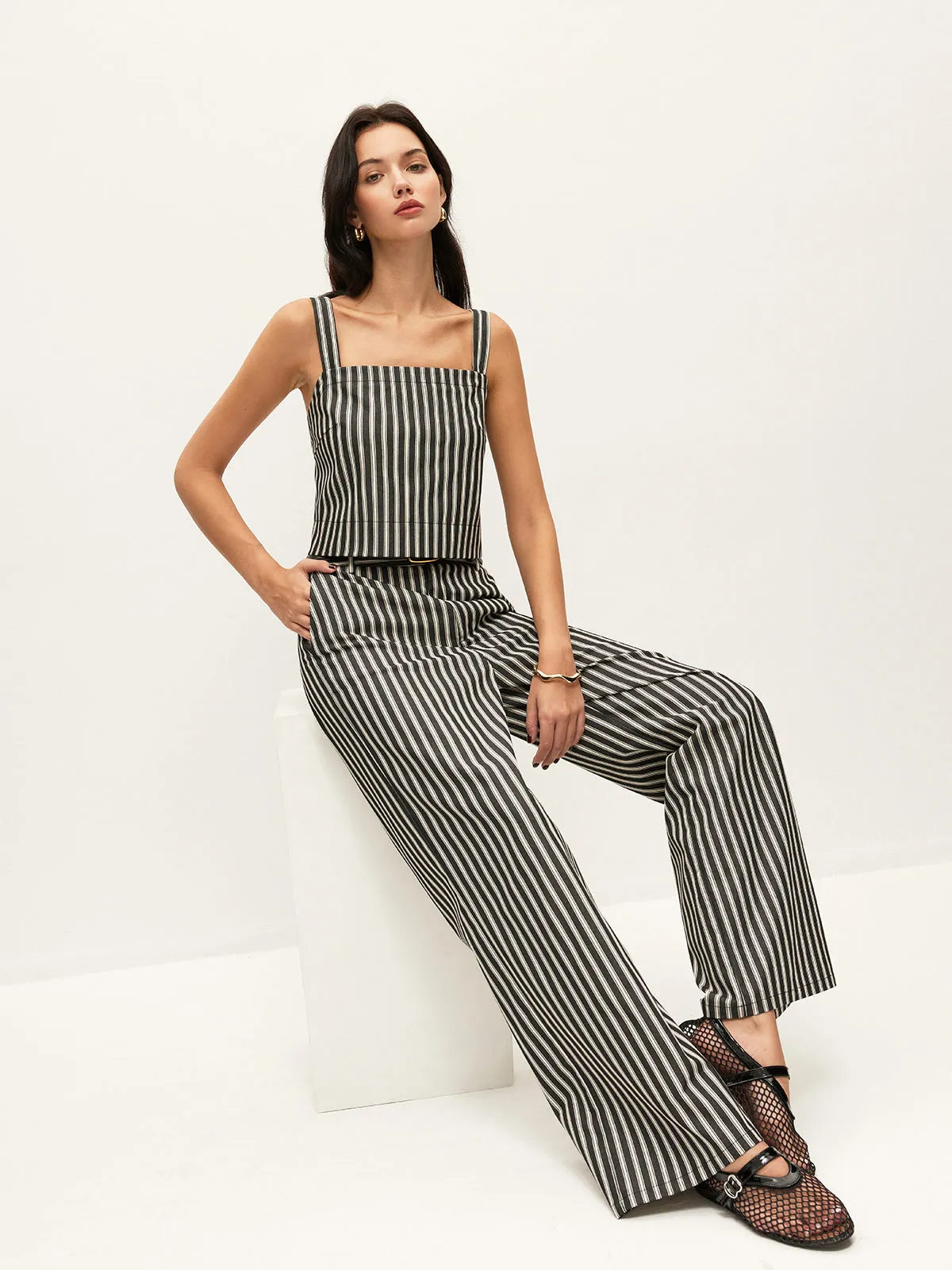 Square-Neck Pinstripe Sleeveless Top sold by COMMENSE product image thumbnail 3