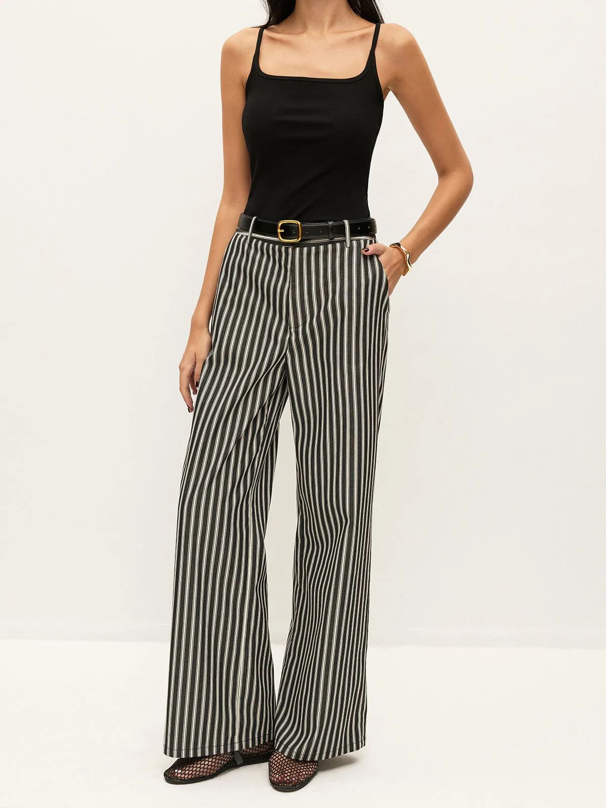 Mid-Waist Striped Pockets Pants Without Belt sold by COMMENSE product image thumbnail 4
