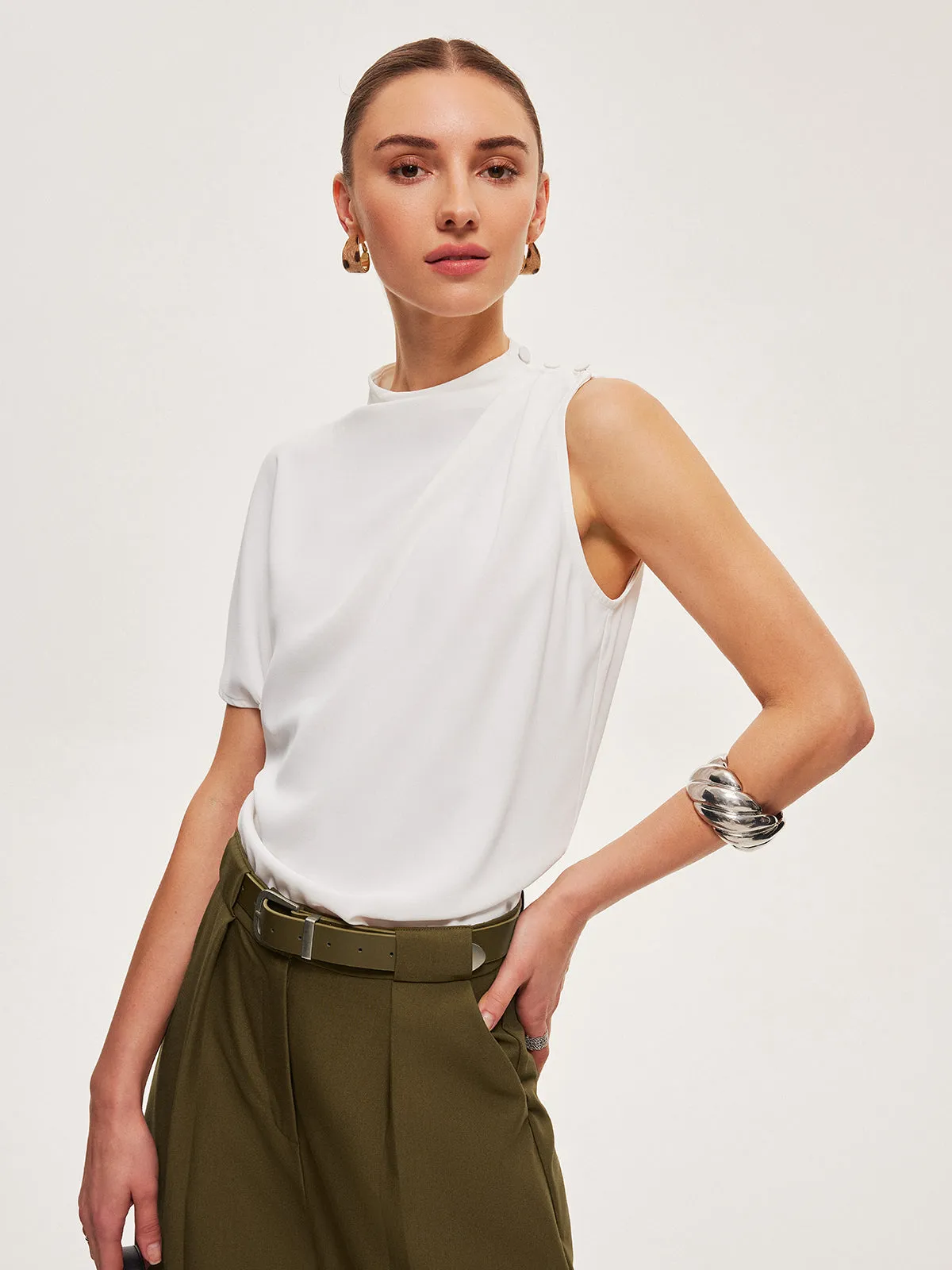 Asymmetric Draped Button-Shoulder Top sold by COMMENSE product image thumbnail 4