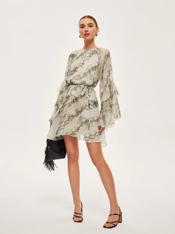 Sheer Print Ruffle Tie-Waist Dress sold by COMMENSE