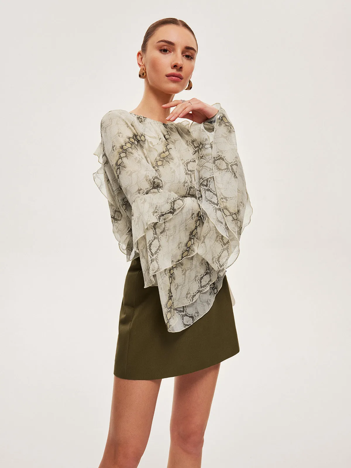 Semi-Sheer Print Ruffle Sleeve Chiffon Blouse sold by COMMENSE product image thumbnail 4