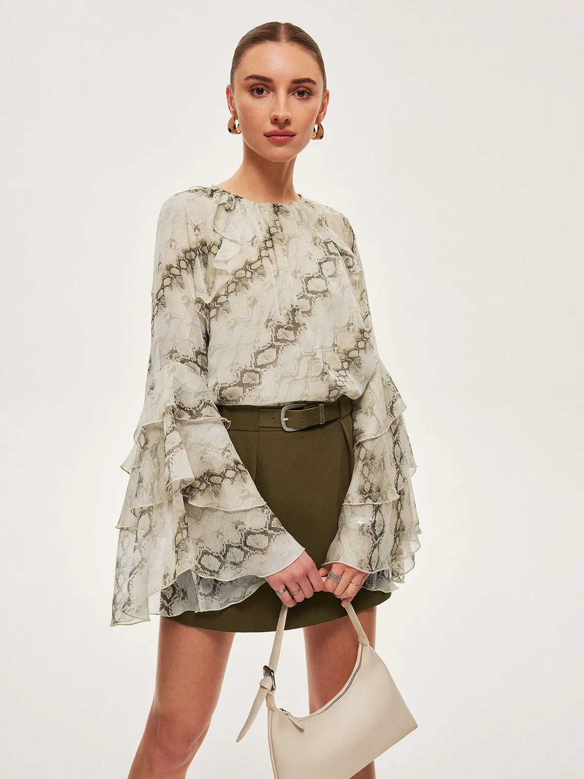 Semi-Sheer Print Ruffle Sleeve Chiffon Blouse sold by COMMENSE