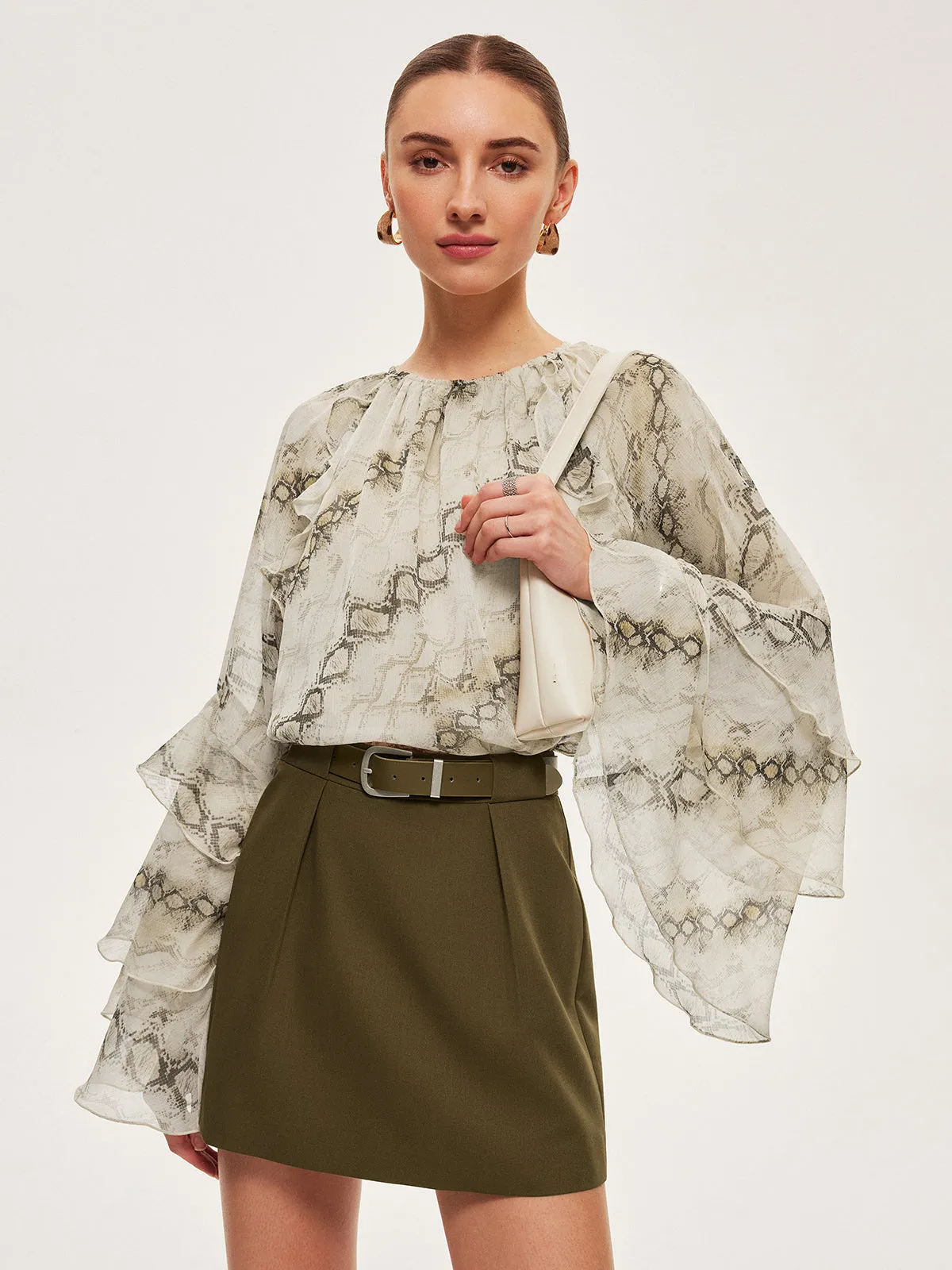 Semi-Sheer Print Ruffle Sleeve Chiffon Blouse sold by COMMENSE product image thumbnail 5