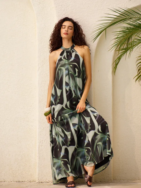 Flowy Abstract Halter Dress sold by COMMENSE