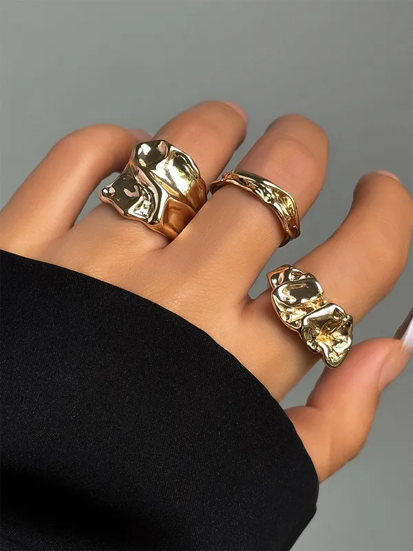 Three-Piece Irregular Golden Tone Ring Set sold by COMMENSE