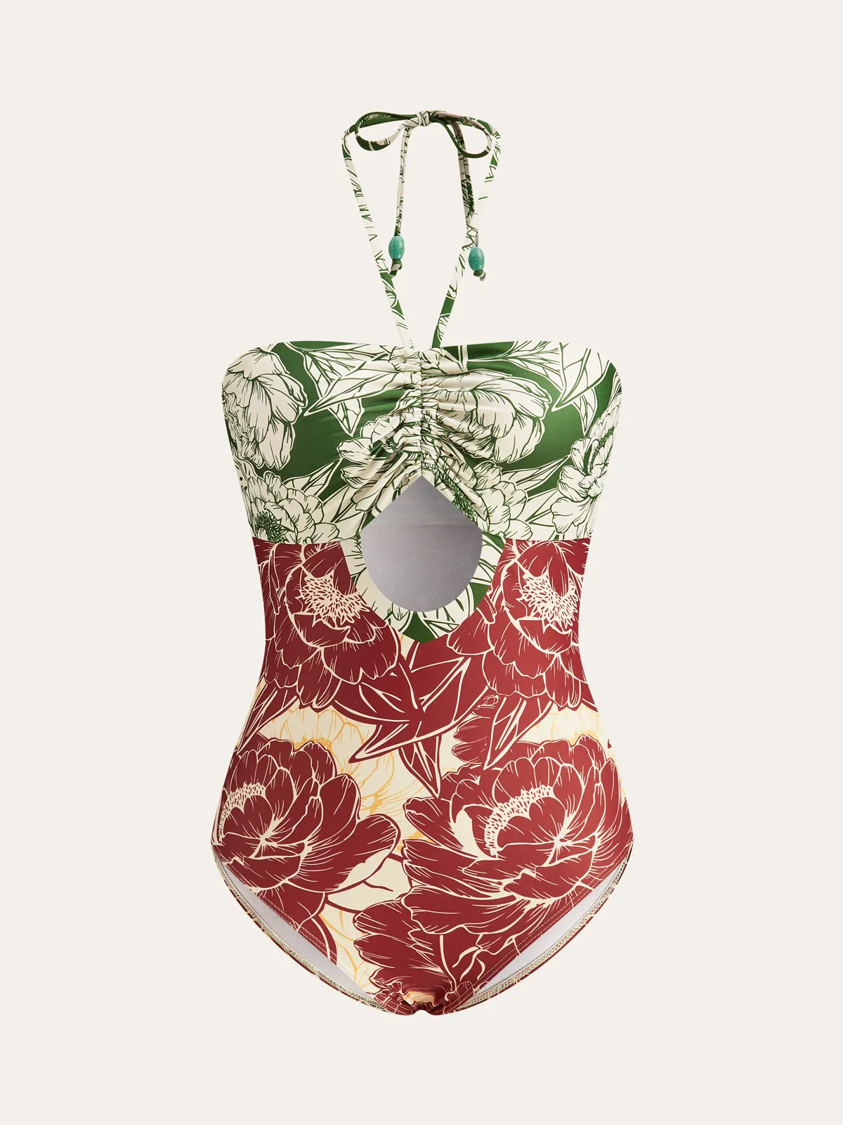 Floral Print Ruched Cut-Out One-Piece Swimsuit sold by COMMENSE
