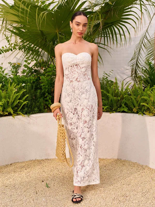 Sheer Jacquard Floral Lace Panel Strapless Dress made by COMMENSE