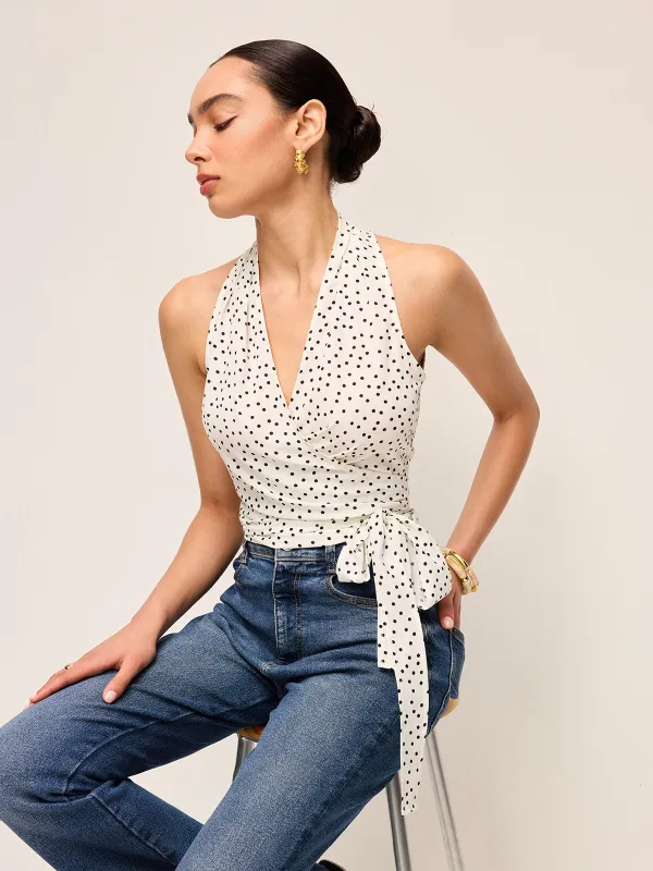 Semi-Sheer Polka Dot Wrap Halter Top sold by COMMENSE