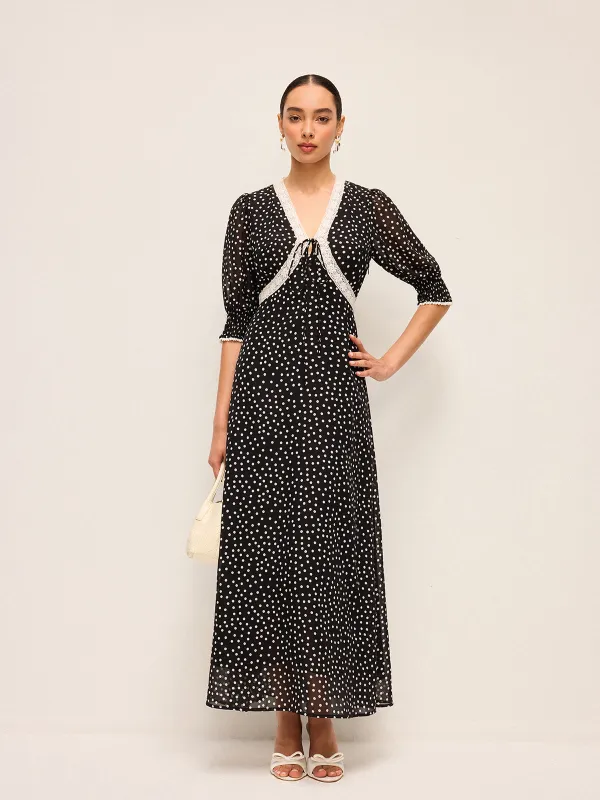 Semi-Sheer Polka Dot Chiffon Dress With Lace Trim sold by COMMENSE