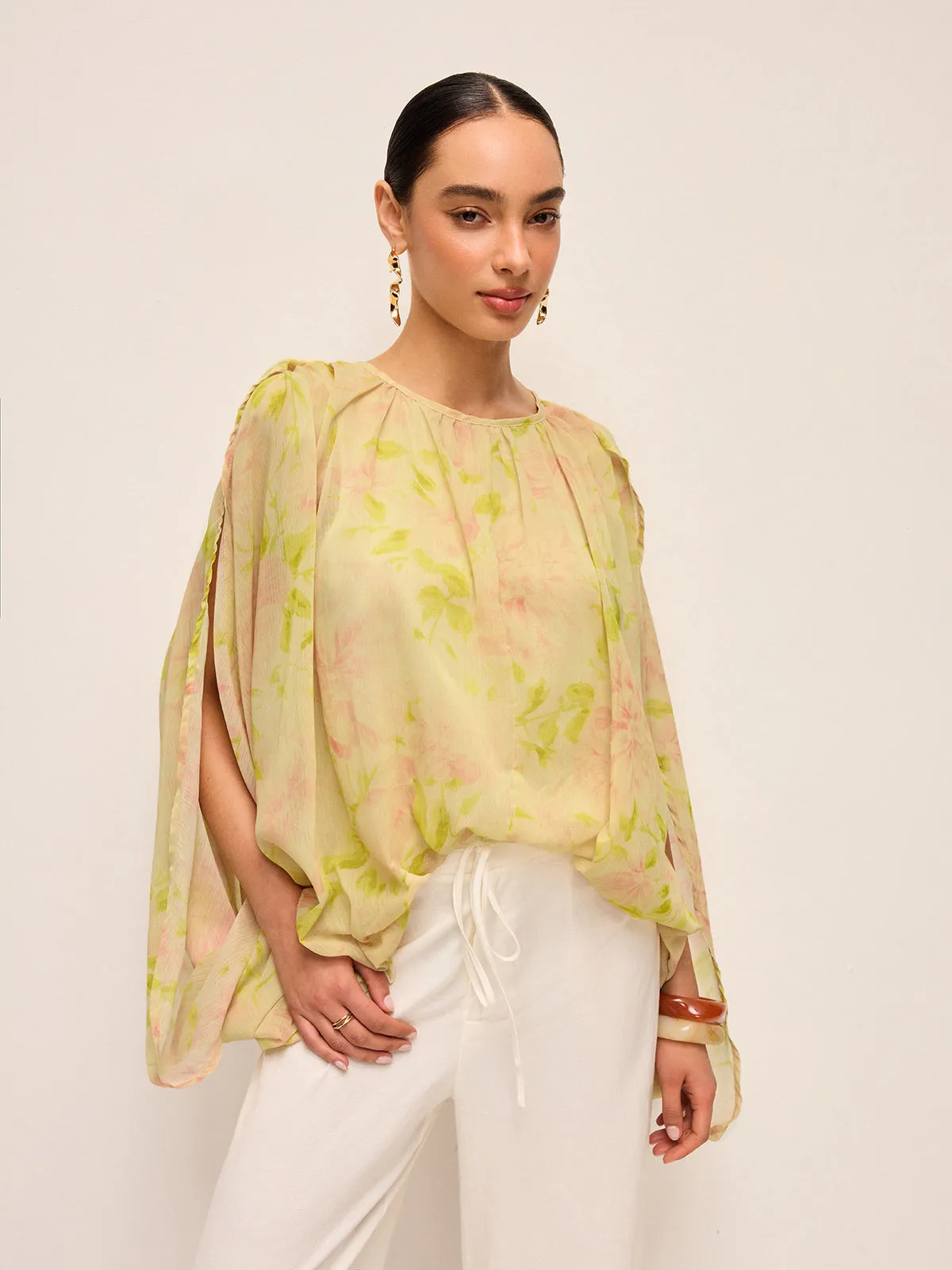 Semi-Sheer Chiffon Floral Drape Sleeve Blouse sold by COMMENSE product image thumbnail 5