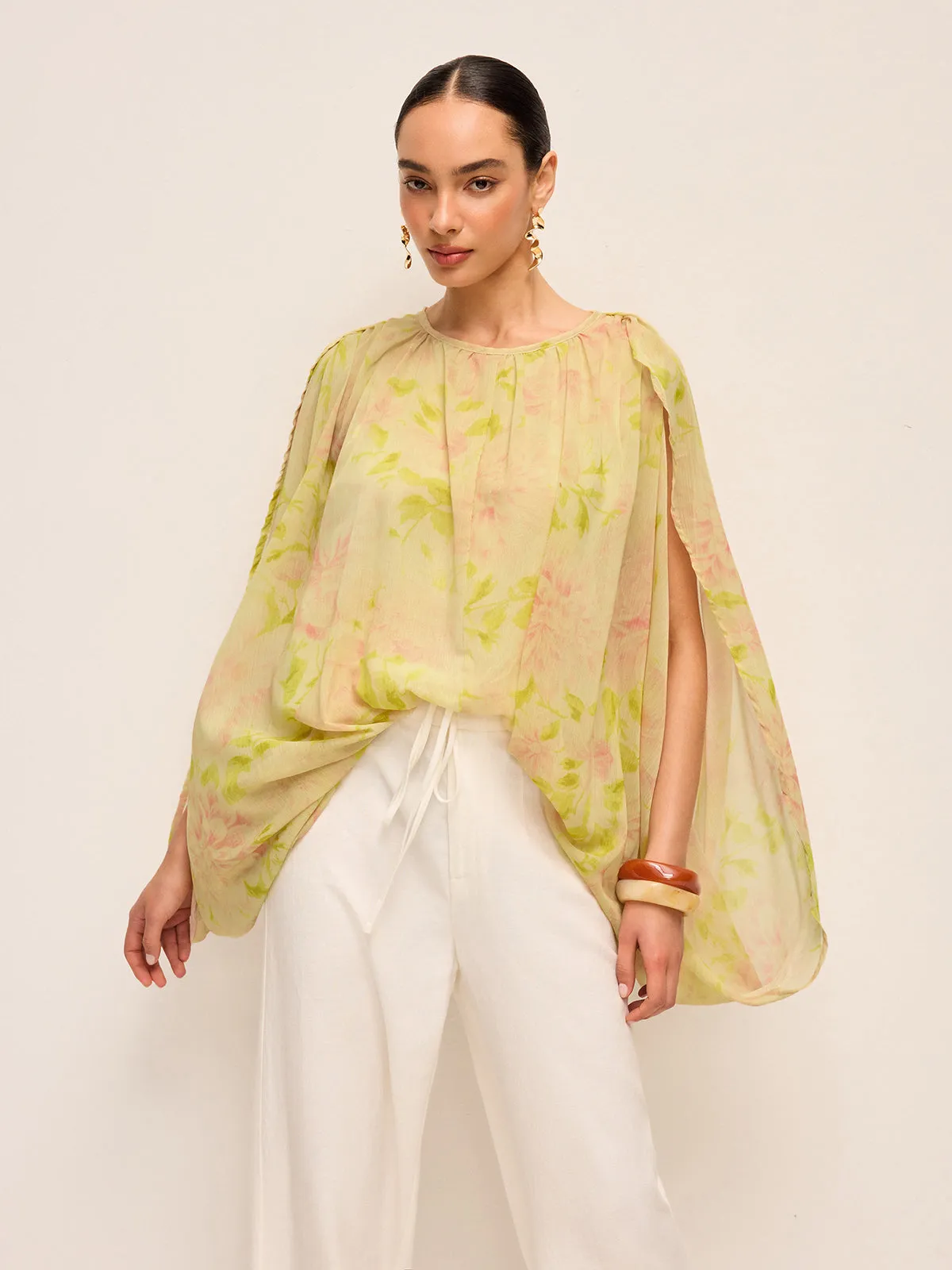 Semi-Sheer Chiffon Floral Drape Sleeve Blouse sold by COMMENSE product image thumbnail 4