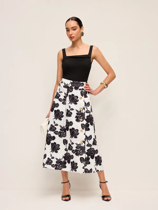 Floral Print Button-Front A-Line Skirt sold by COMMENSE
