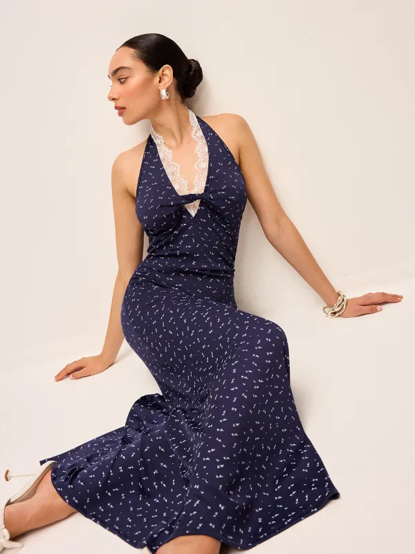 Lace Trim Halter Neck Printed Dress sold by COMMENSE