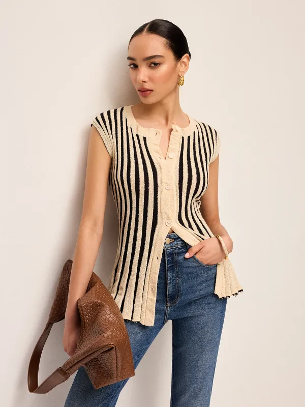 Stripe Button-Front Knit Top sold by COMMENSE