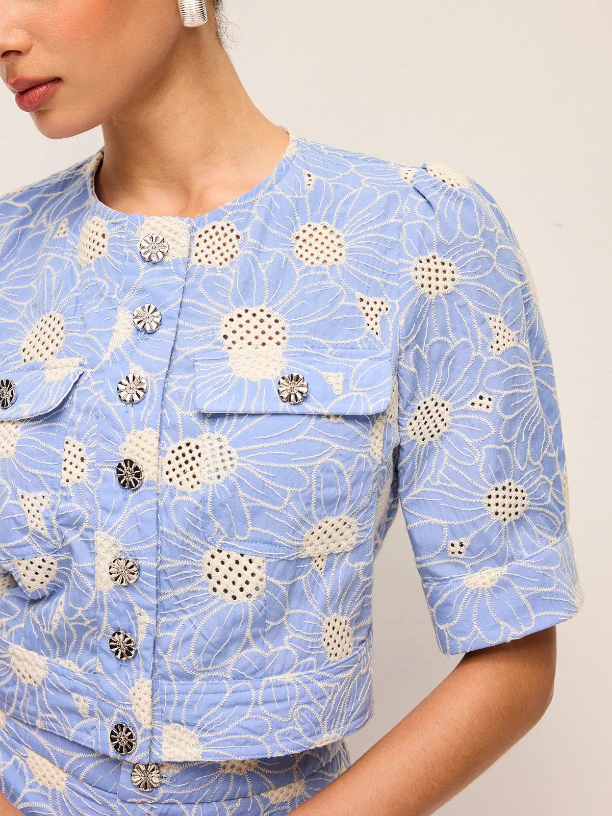 Floral Embroidered Button-Front Cropped Top sold by COMMENSE product image thumbnail 5