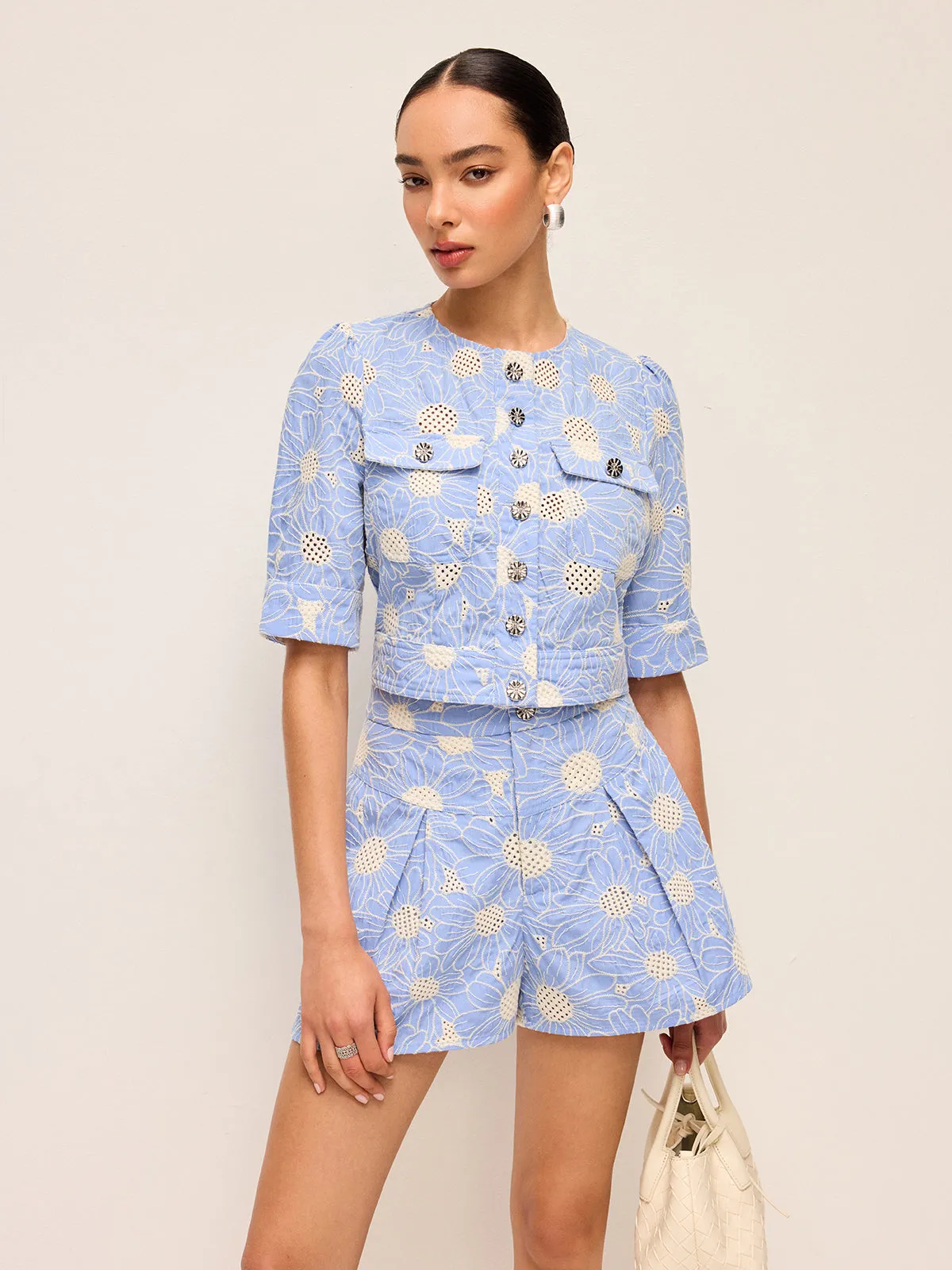 Floral Embroidered Button-Front Cropped Top sold by COMMENSE