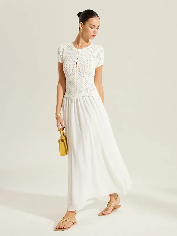 Sheer-Panel Button-Front Knit Dress sold by COMMENSE