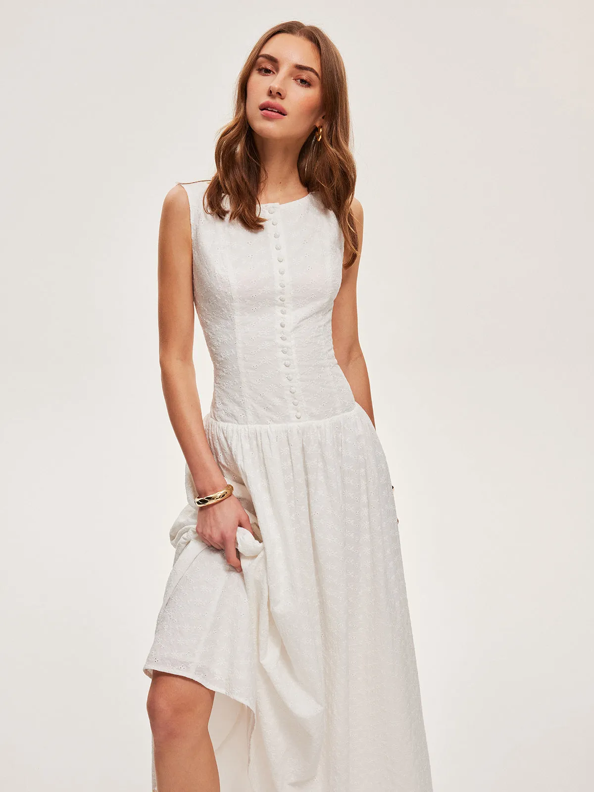 Button-Front Cotton Sleeveless Dress sold by COMMENSE