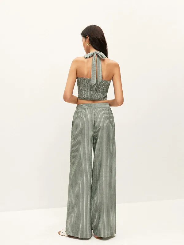 Striped Button-Detail Halter Top With Pants Set sold by COMMENSE