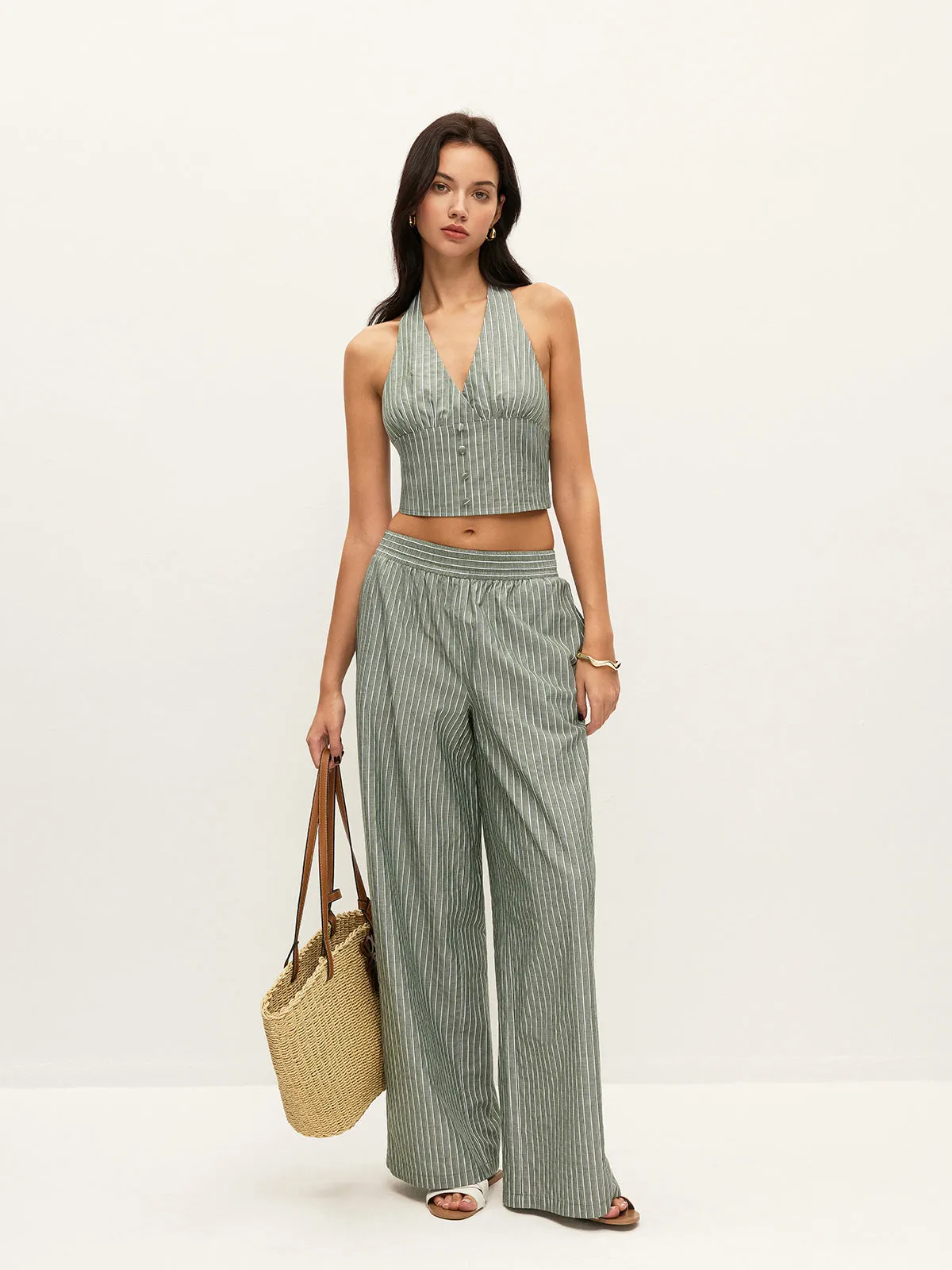 Striped Button-Detail Halter Top With Pants Set sold by COMMENSE product image thumbnail 3