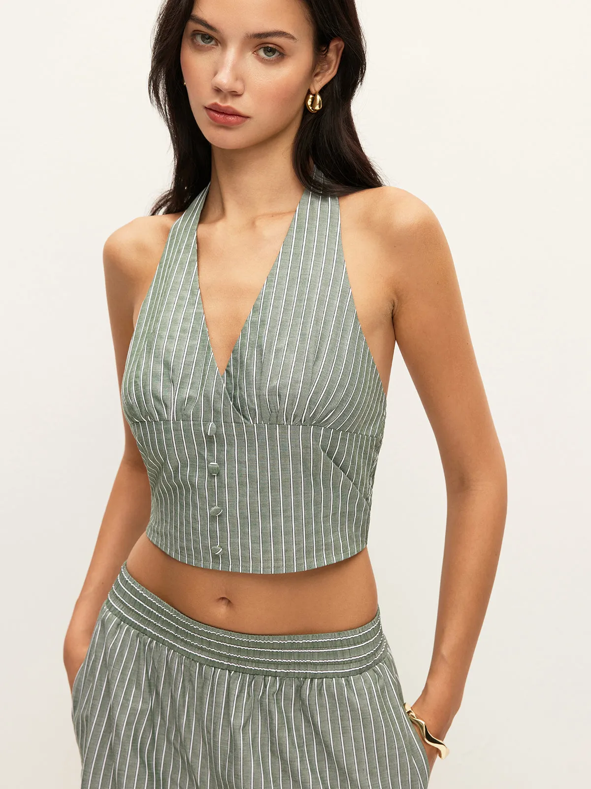 Striped Button-Detail Halter Top With Pants Set sold by COMMENSE product image thumbnail 2