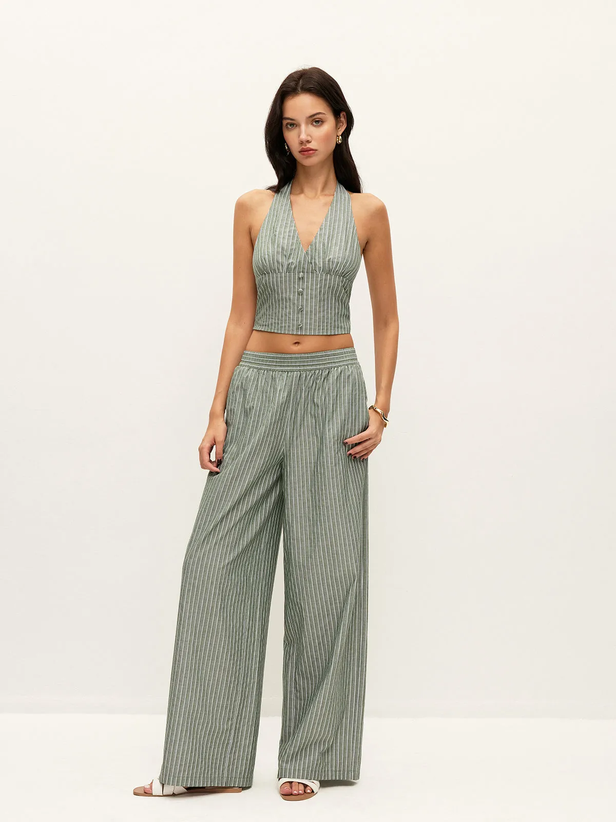 Striped Button-Detail Halter Top With Pants Set sold by COMMENSE product image thumbnail 4