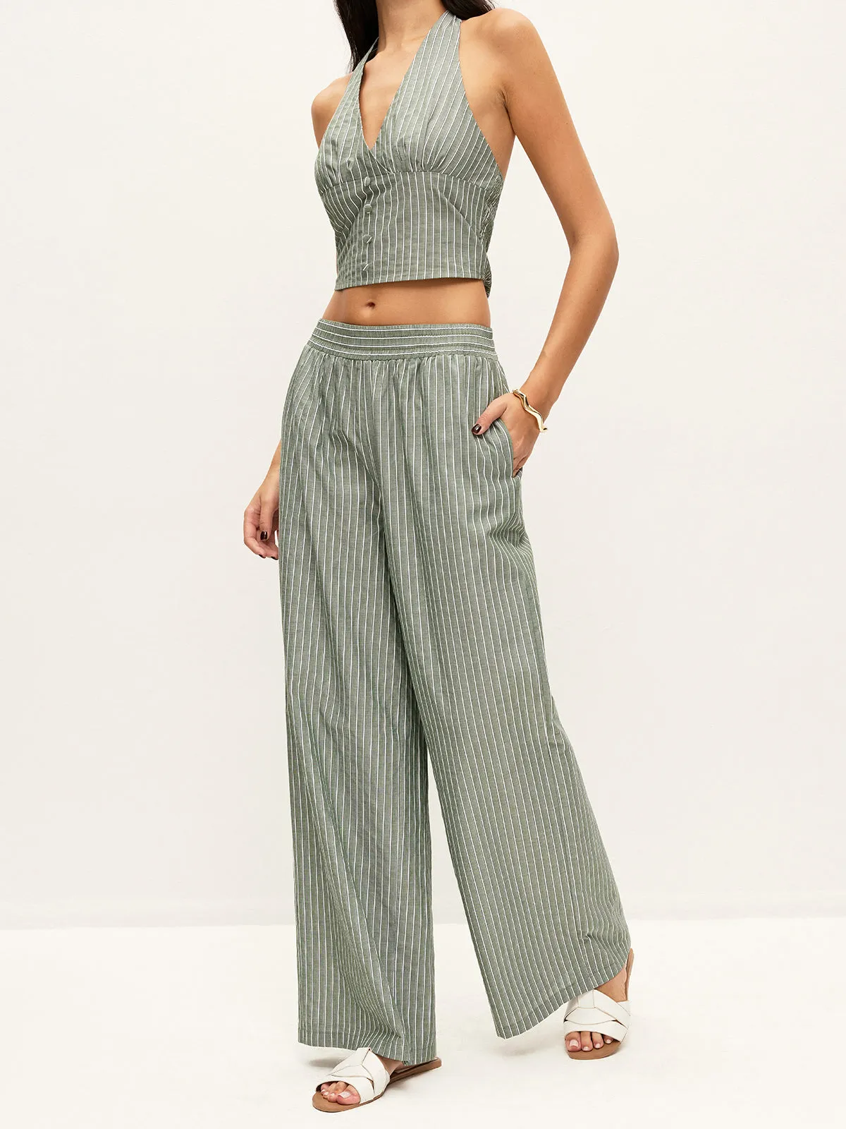 Striped Button-Detail Halter Top With Pants Set sold by COMMENSE product image thumbnail 5