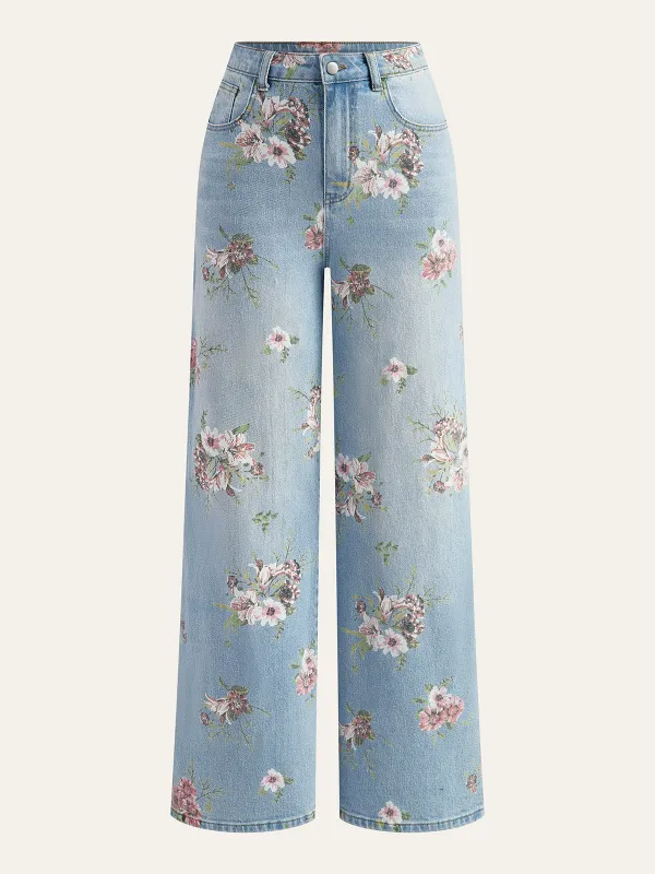 Floral Print Mid-Waist Denim Pants sold by COMMENSE
