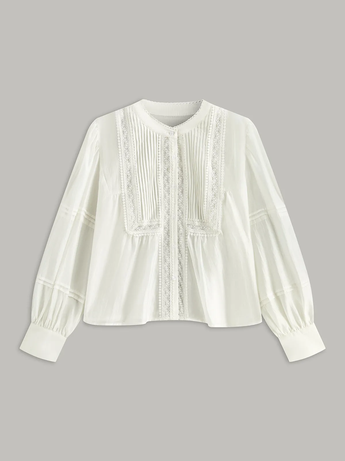 Pleated Lace Trim Button-Up Blouse sold by COMMENSE