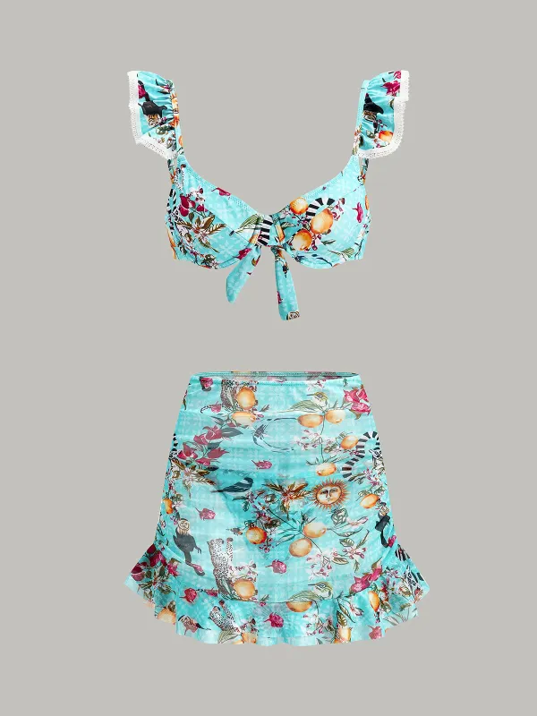 Floral Print Bikini Set With Cover-Up Skirt sold by COMMENSE