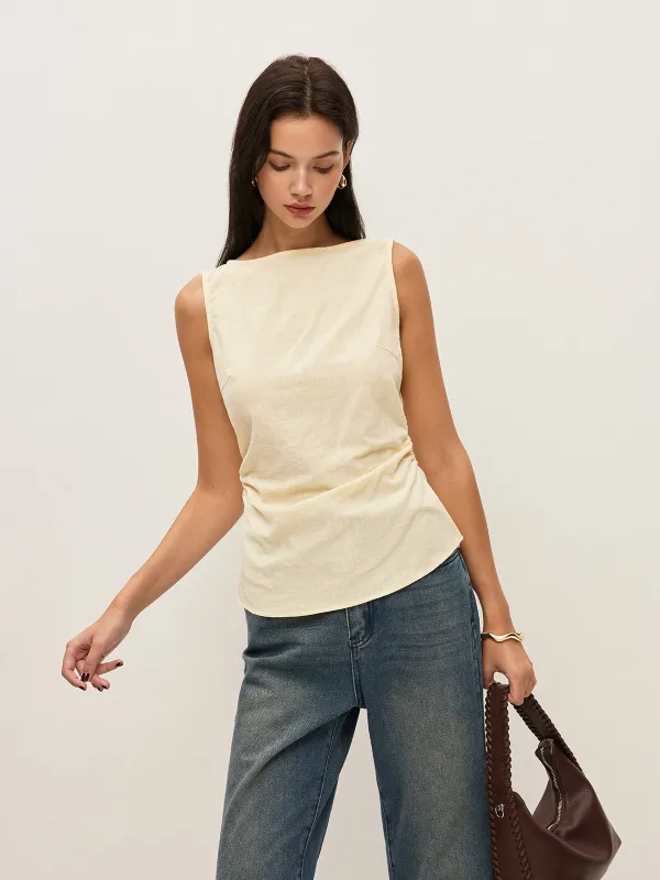 Cotton Solid Boat Neck Ruched Waist Sleeveless Blouse sold by COMMENSE