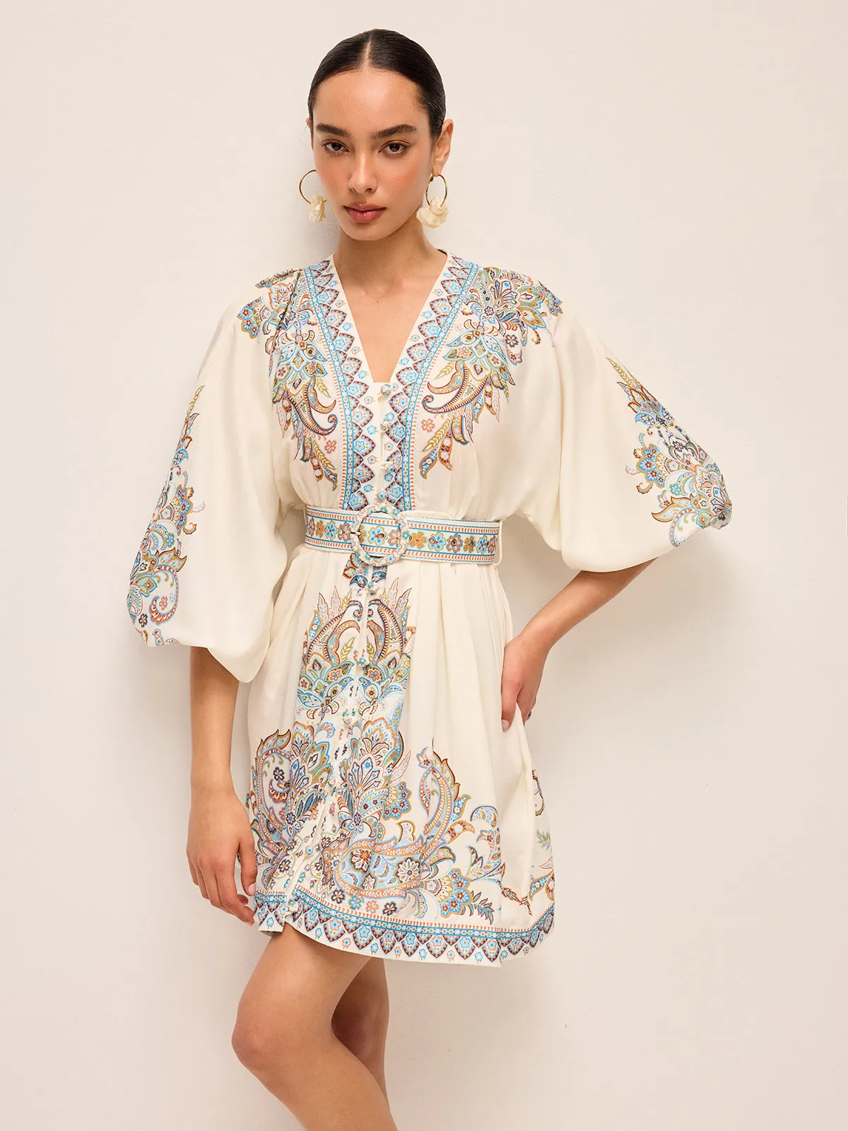 Boho Belted V-Neck Dress With Balloon Sleeves sold by COMMENSE product image thumbnail 3