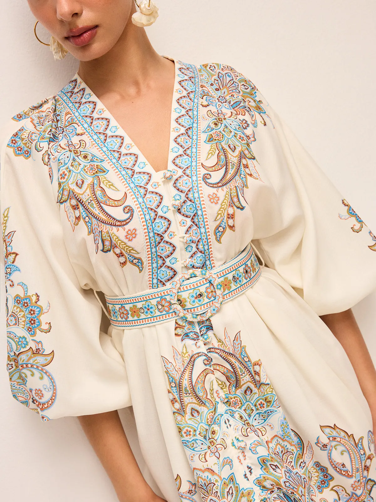 Boho Belted V-Neck Dress With Balloon Sleeves sold by COMMENSE product image thumbnail 5