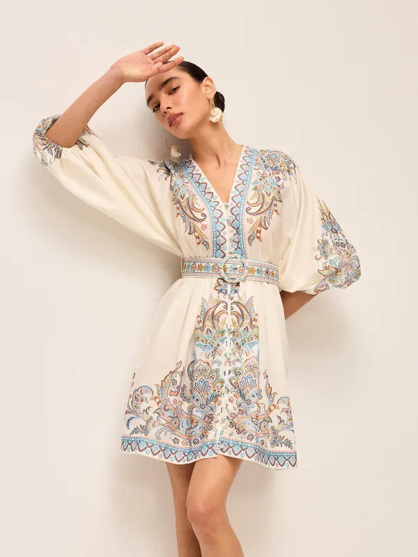 Boho Belted V-Neck Dress With Balloon Sleeves sold by COMMENSE