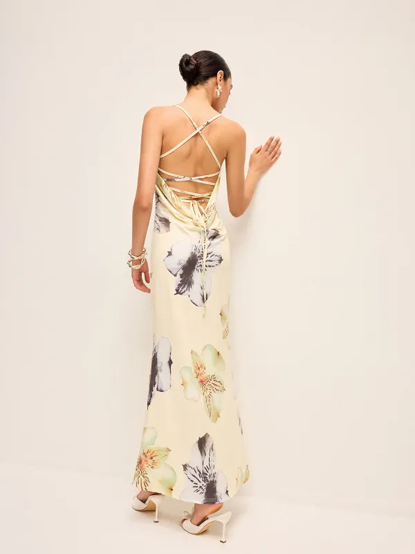 Backless Lace-Up Floral Dress sold by COMMENSE