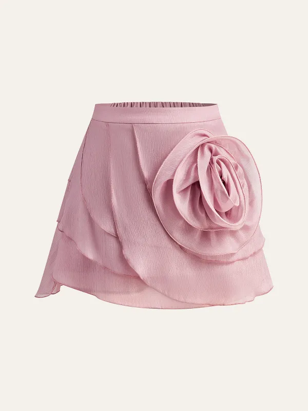 Semi-Sheer Chiffon Draped Skort With 3D Rosette made by COMMENSE
