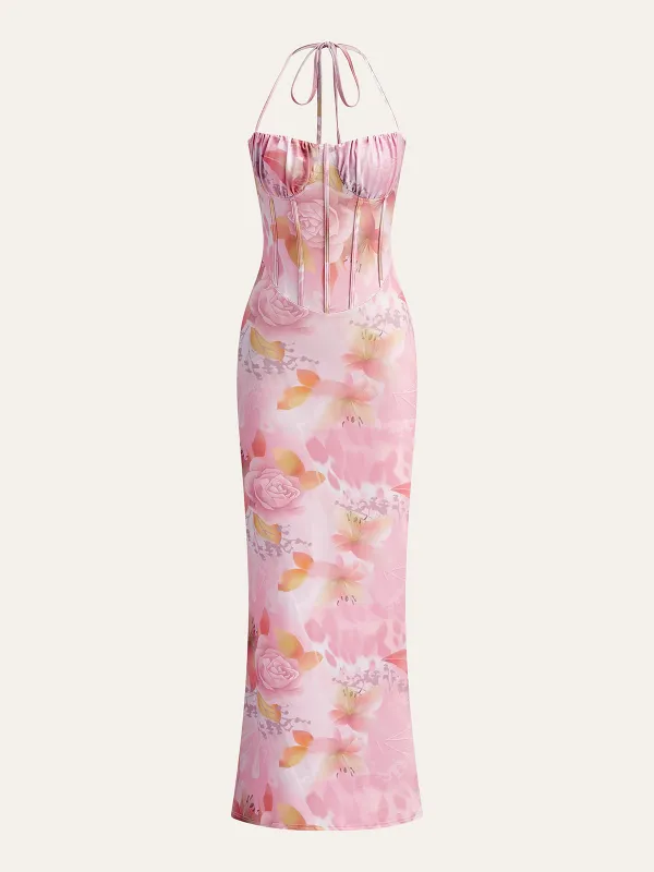 Floral Print Halter Dress With Corset Detail sold by COMMENSE