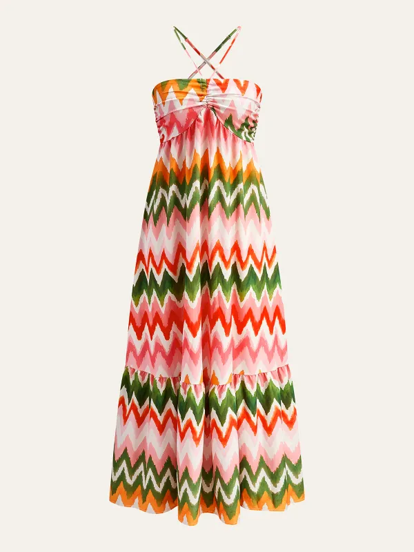 Zigzag Print Ruched Halter Dress sold by COMMENSE