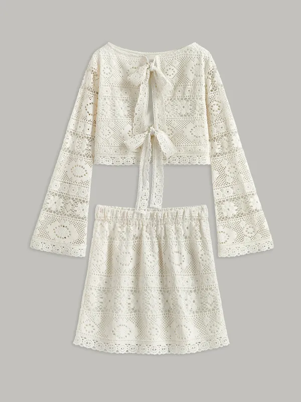 Crochet Tie-Back Semi-Sheer Skirt Set sold by COMMENSE