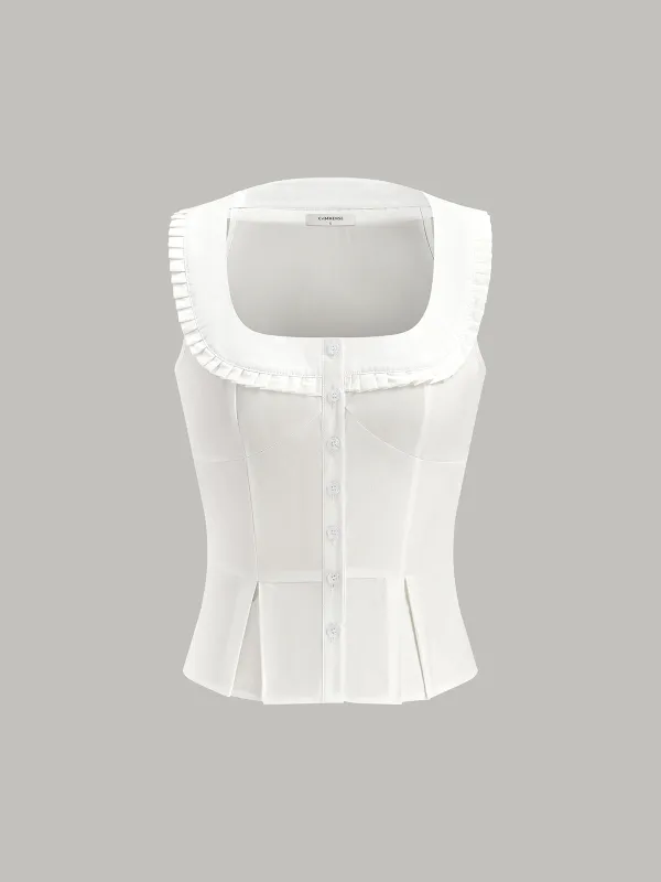 Pleated Square Neck Buttoned Top sold by COMMENSE
