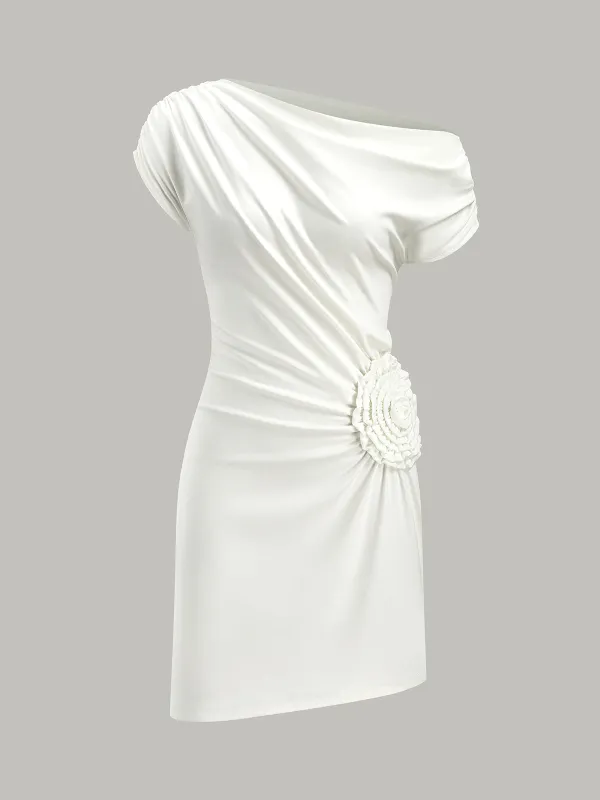 One-Shoulder Ruched Dress With Rosette Detail sold by COMMENSE