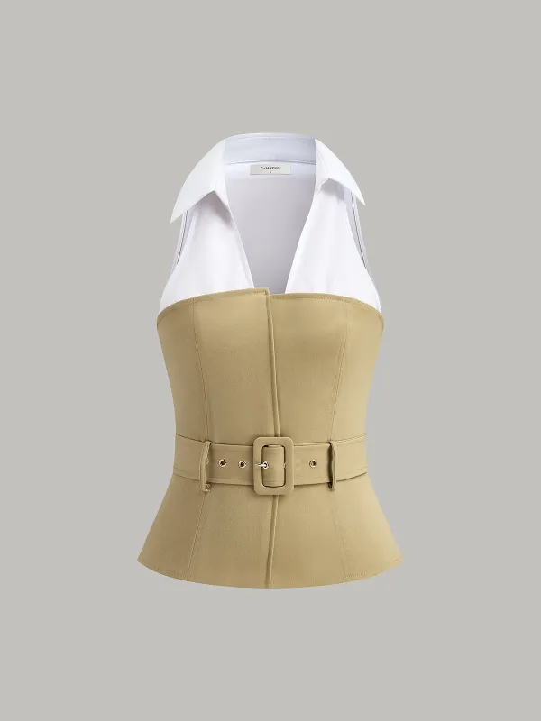 Belted Collared Sleeveless Top sold by COMMENSE