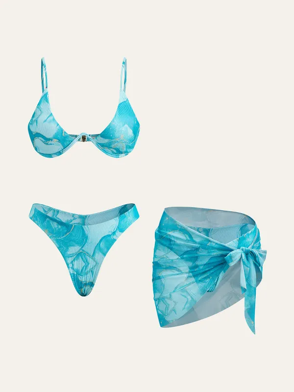 Marble Print Bikini Set With Cover-Up Skirt sold by COMMENSE