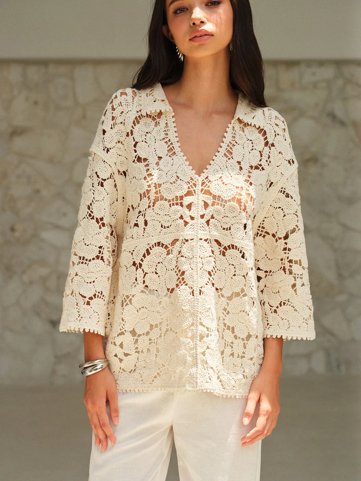 Semi-Sheer Floral Lace Top sold by COMMENSE