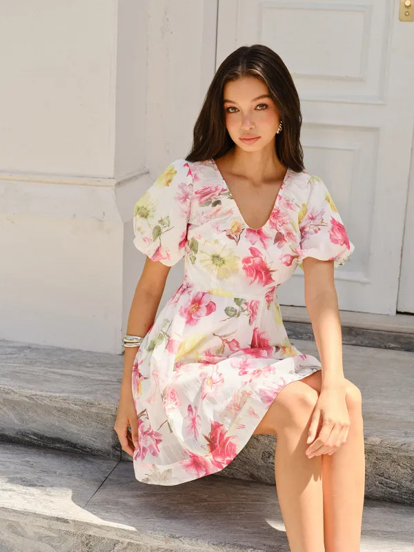 Floral Print Puff Sleeve Dress sold by COMMENSE