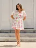 Floral Print Puff Sleeve Dress sold by COMMENSE